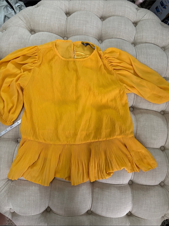 Zara Tops - Zara Mustard Puff-Sleeve Pleated Peplum Blouse